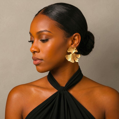 Ginkgo Leaf Statement Earrings – Gold & Silver Sculptural Drops - Fatisha Boutique #