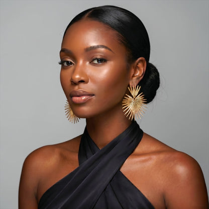 Sunburst Statement Earrings – Gold & Silver Fan Drop Earrings, Bold Lightweight Party & Wedding Jewellery - Fatisha Boutique #