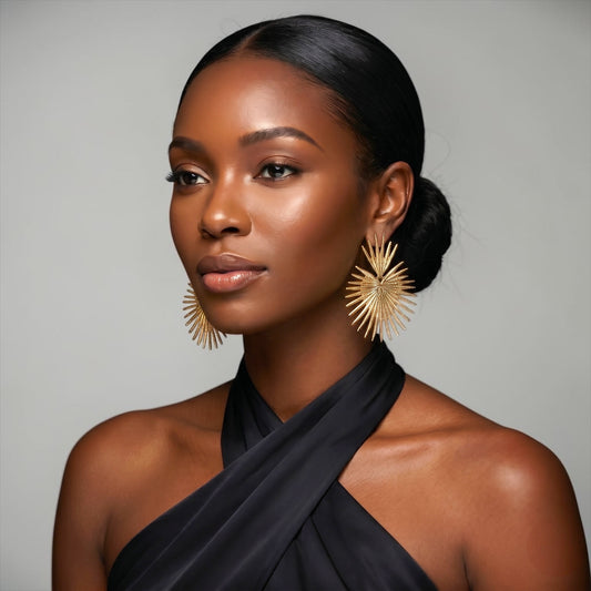 Sunburst Statement Earrings – Gold & Silver Fan Drop Earrings, Bold Lightweight Party & Wedding Jewellery - Fatisha Boutique #