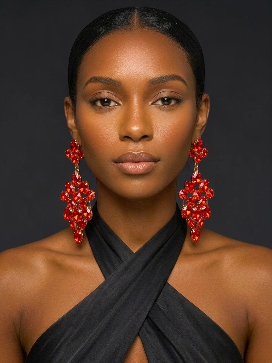 Long Red Rhinestone Statement Earrings – Bold Glam Wedding & Evening Drops - Fatisha Boutique #