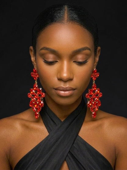 Long Red Rhinestone Statement Earrings – Bold Glam Wedding & Evening Drops - Fatisha Boutique #