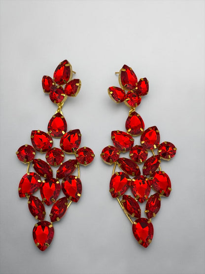 Long Red Rhinestone Statement Earrings – Bold Glam Wedding & Evening Drops - Fatisha Boutique #