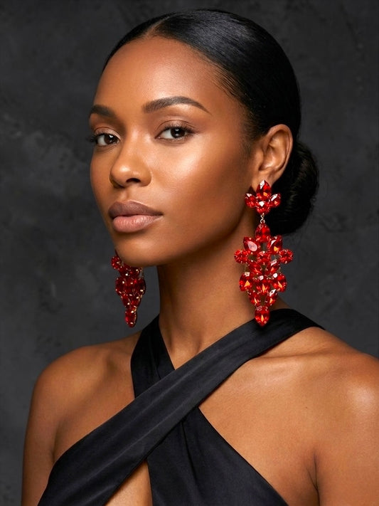 Long Red Rhinestone Statement Earrings – Bold Glam Wedding & Evening Drops - Fatisha Boutique #