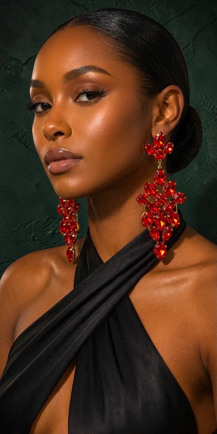 Long Red Rhinestone Statement Earrings – Bold Glam Wedding & Evening Drops - Fatisha Boutique #
