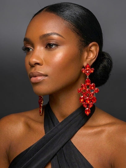Long Red Rhinestone Statement Earrings – Bold Glam Wedding & Evening Drops - Fatisha Boutique #