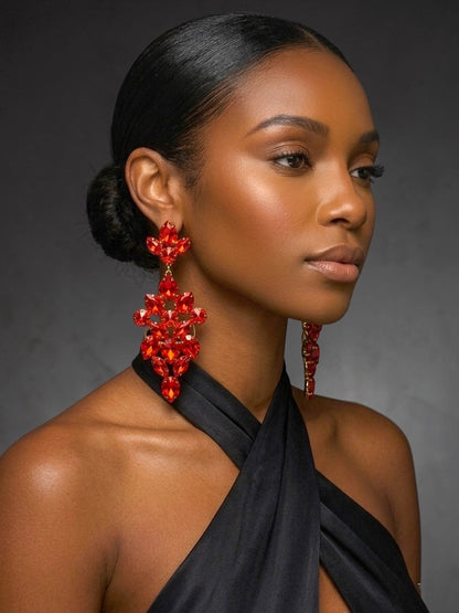 Long Red Rhinestone Statement Earrings – Bold Glam Wedding & Evening Drops - Fatisha Boutique #