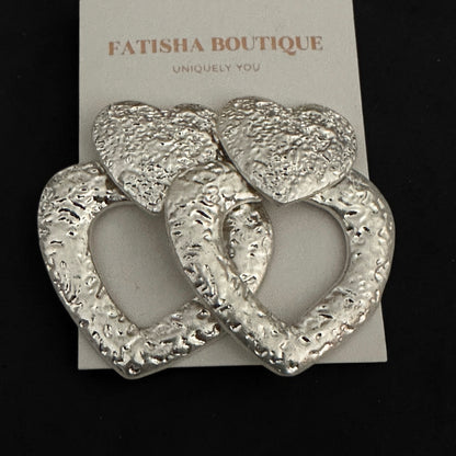 Textured Heart Drop Earrings – Bold Gold & Silver Statement - Fatisha Boutique #