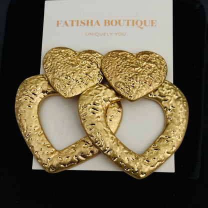 Textured Heart Drop Earrings – Bold Gold & Silver Statement - Fatisha Boutique #