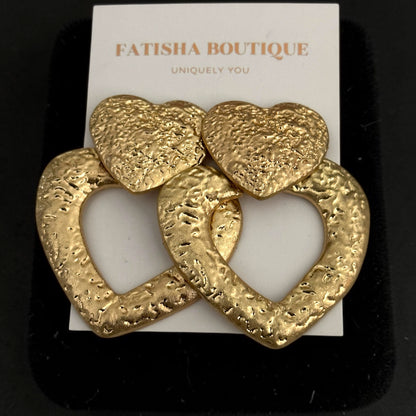 Textured Heart Drop Earrings – Bold Gold & Silver Statement - Fatisha Boutique #