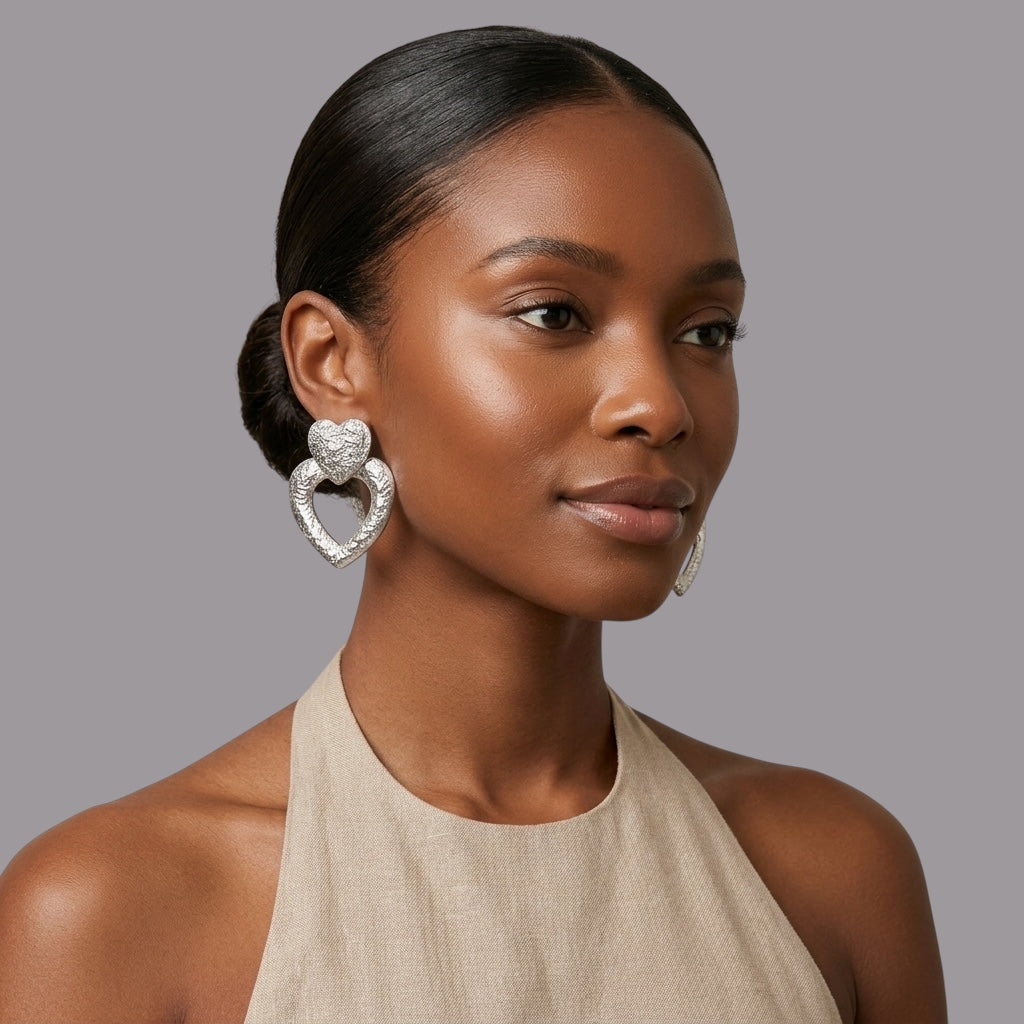 Textured Heart Drop Earrings – Bold Gold & Silver Statement - Fatisha Boutique #