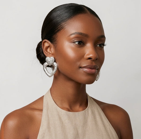 Textured Heart Drop Earrings – Bold Gold & Silver Statement - Fatisha Boutique #