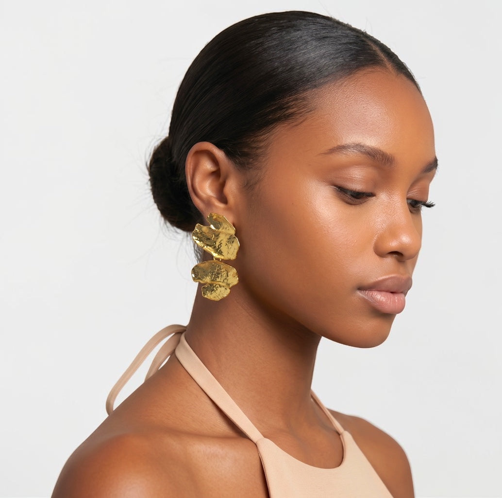Sculptural Statement Drop Earrings – Textured Gold & Silver - Fatisha Boutique #