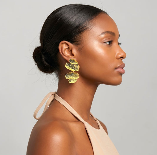 Sculptural Statement Drop Earrings – Textured Gold & Silver - Fatisha Boutique #