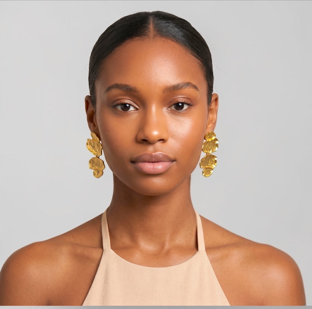 Sculptural Statement Drop Earrings – Textured Gold & Silver - Fatisha Boutique #