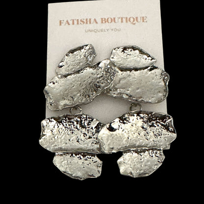 Sculptural Statement Drop Earrings – Textured Gold & Silver - Fatisha Boutique #