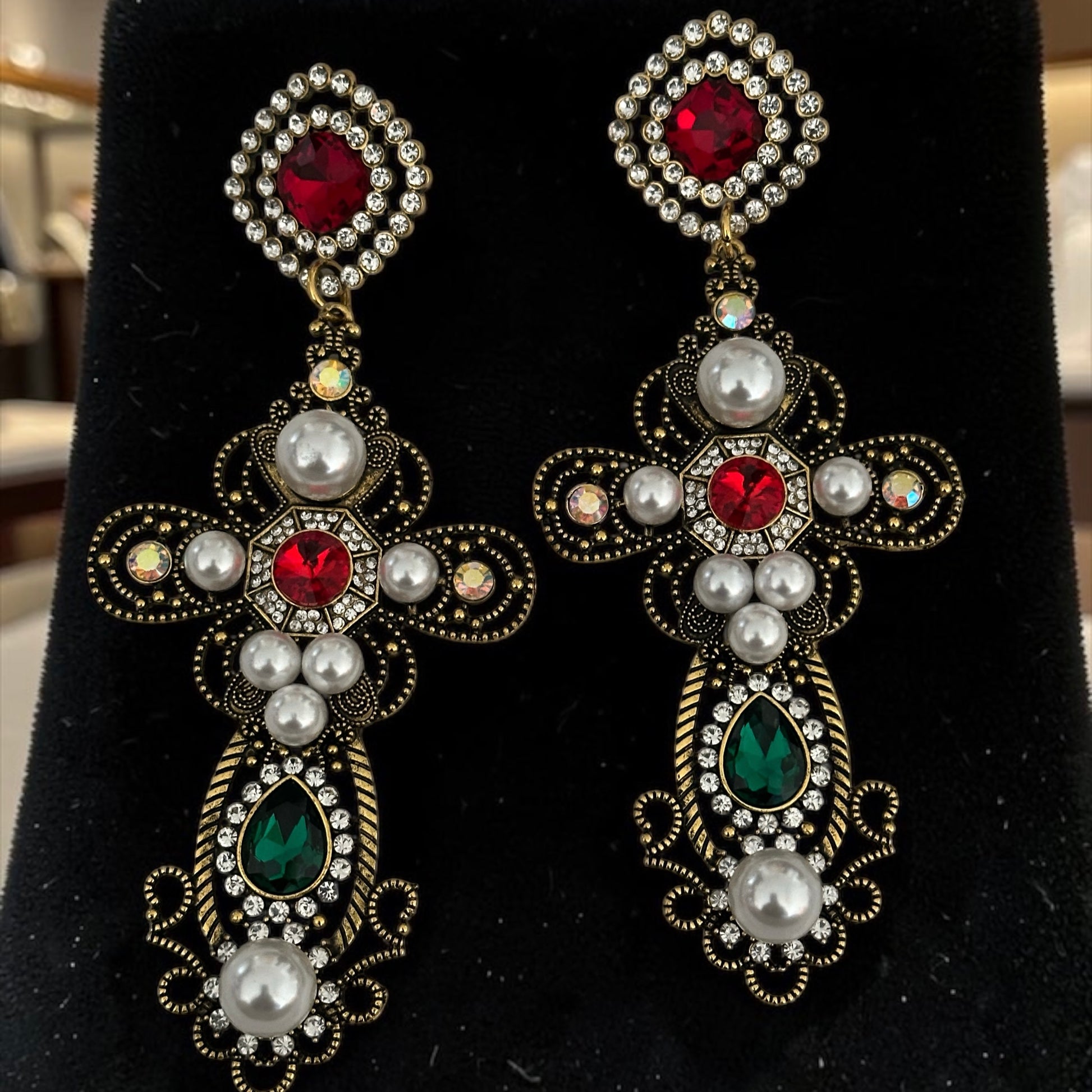 Baroque Cross Statement Earrings – Pearl & Rhinestone Drop - Fatisha Boutique #
