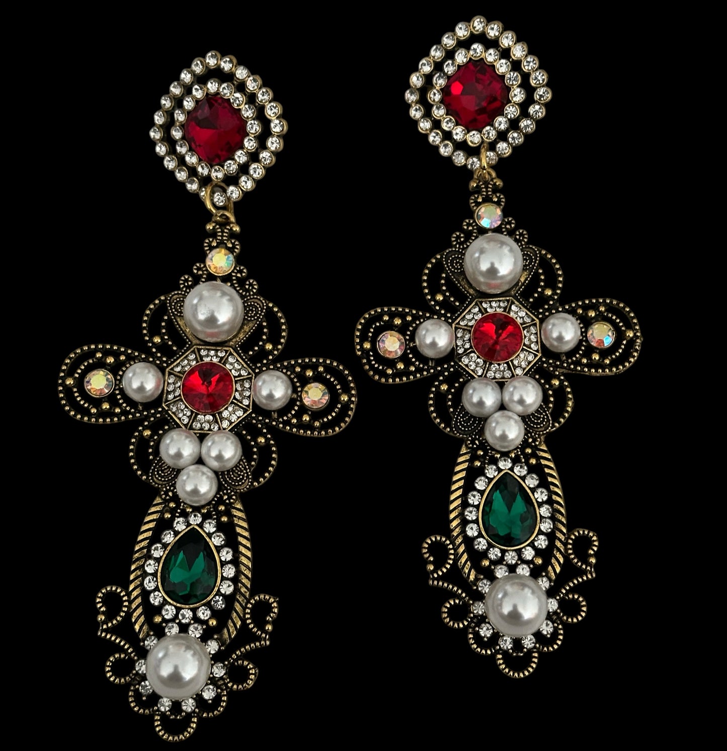 Baroque Cross Statement Earrings – Pearl & Rhinestone Drop - Fatisha Boutique #