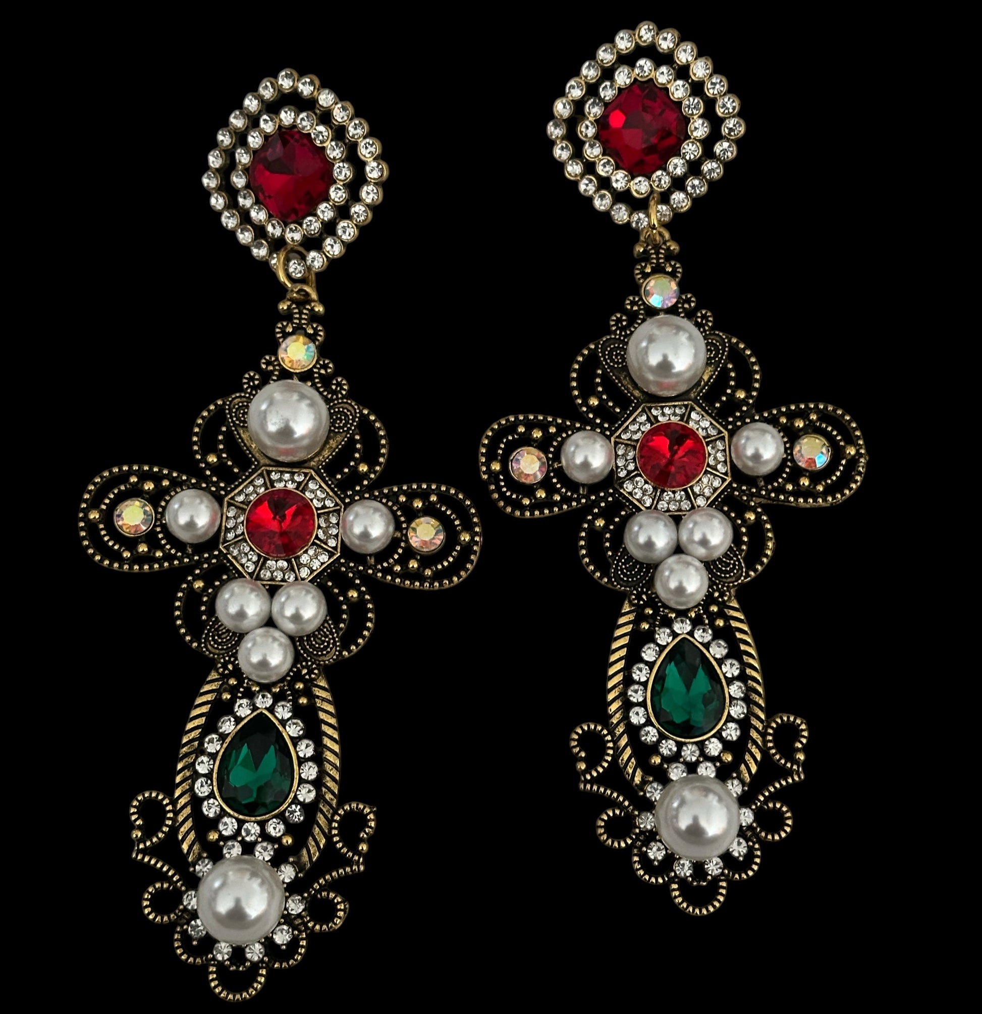 Baroque Cross Statement Earrings – Pearl & Rhinestone Drop - Fatisha Boutique #