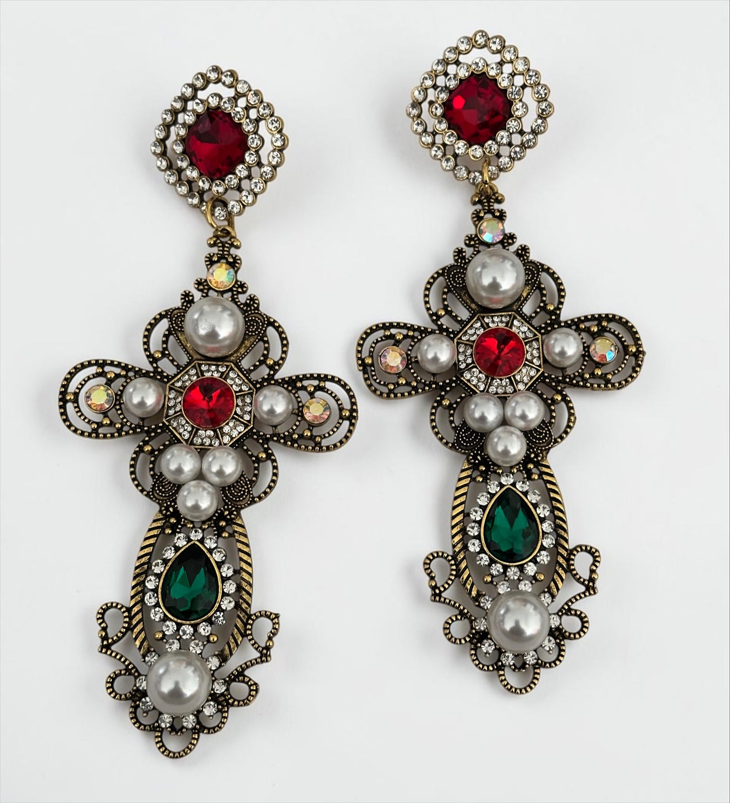 Baroque Cross Statement Earrings – Pearl & Rhinestone Drop - Fatisha Boutique #