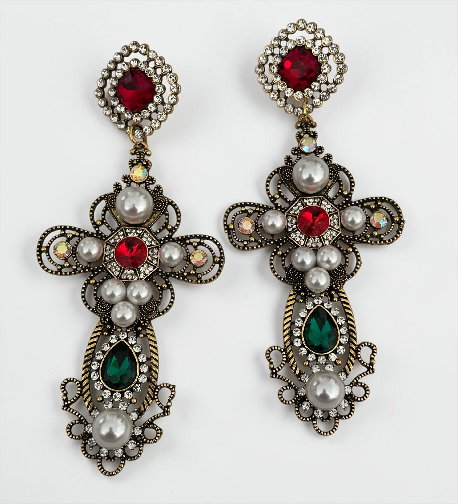 Baroque Cross Statement Earrings – Pearl & Rhinestone Drop - Fatisha Boutique #