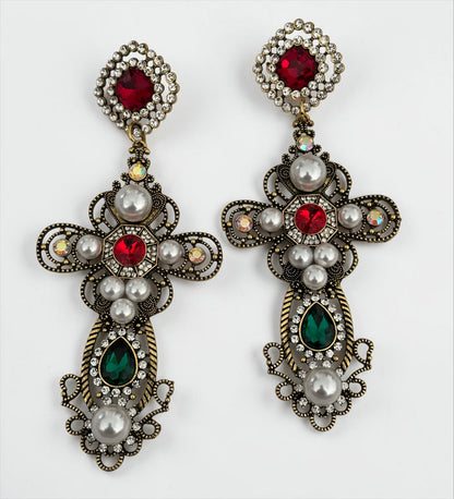 Baroque Cross Statement Earrings – Pearl & Rhinestone Drop - Fatisha Boutique #