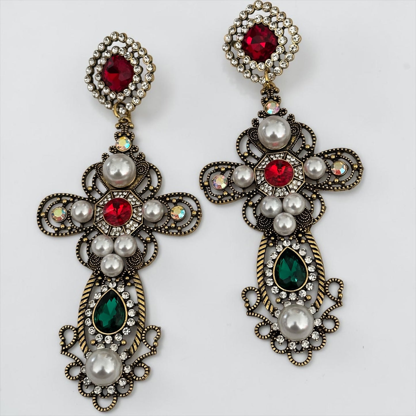 Baroque Cross Statement Earrings – Pearl & Rhinestone Drop - Fatisha Boutique #