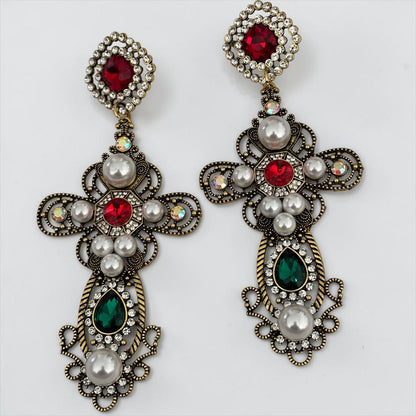 Baroque Cross Statement Earrings – Pearl & Rhinestone Drop - Fatisha Boutique #