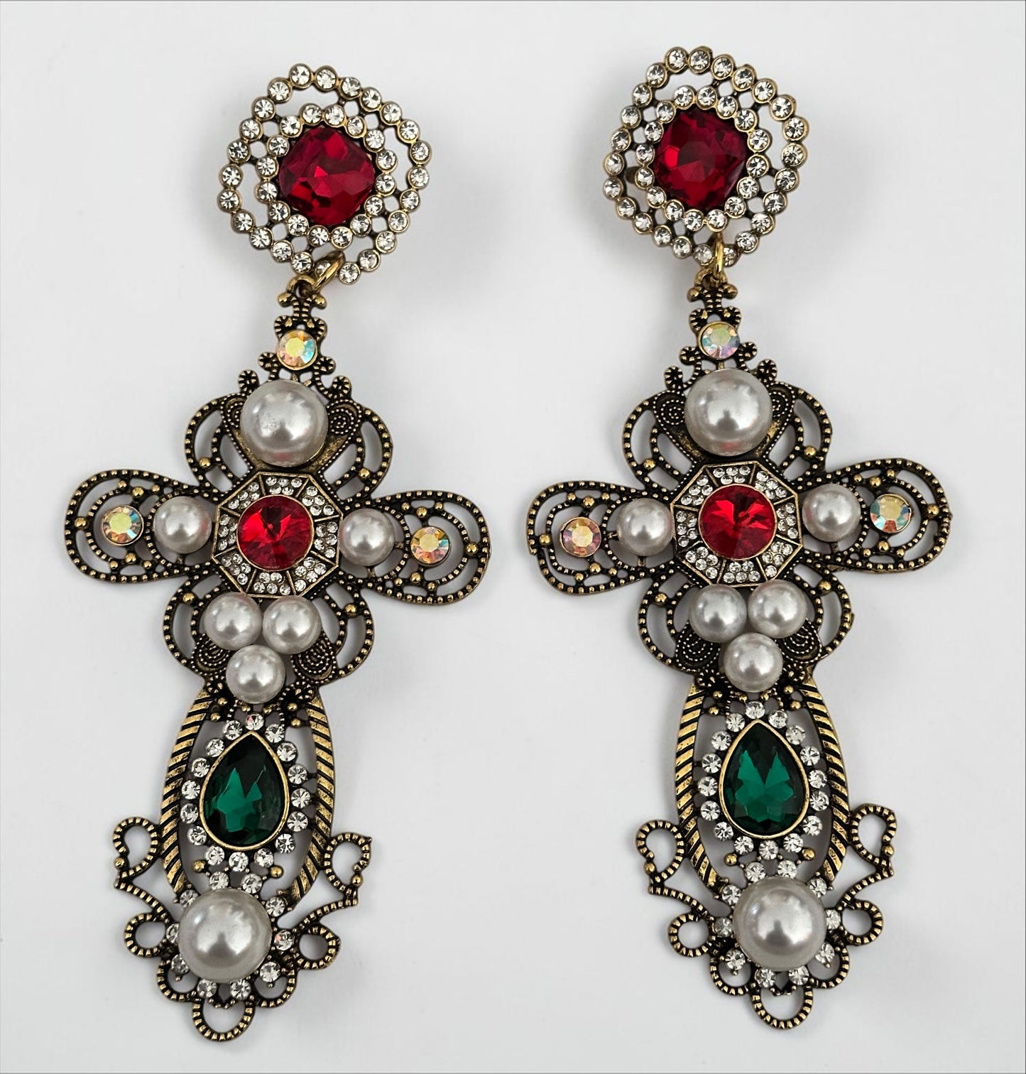 Baroque Cross Statement Earrings – Pearl & Rhinestone Drop - Fatisha Boutique #