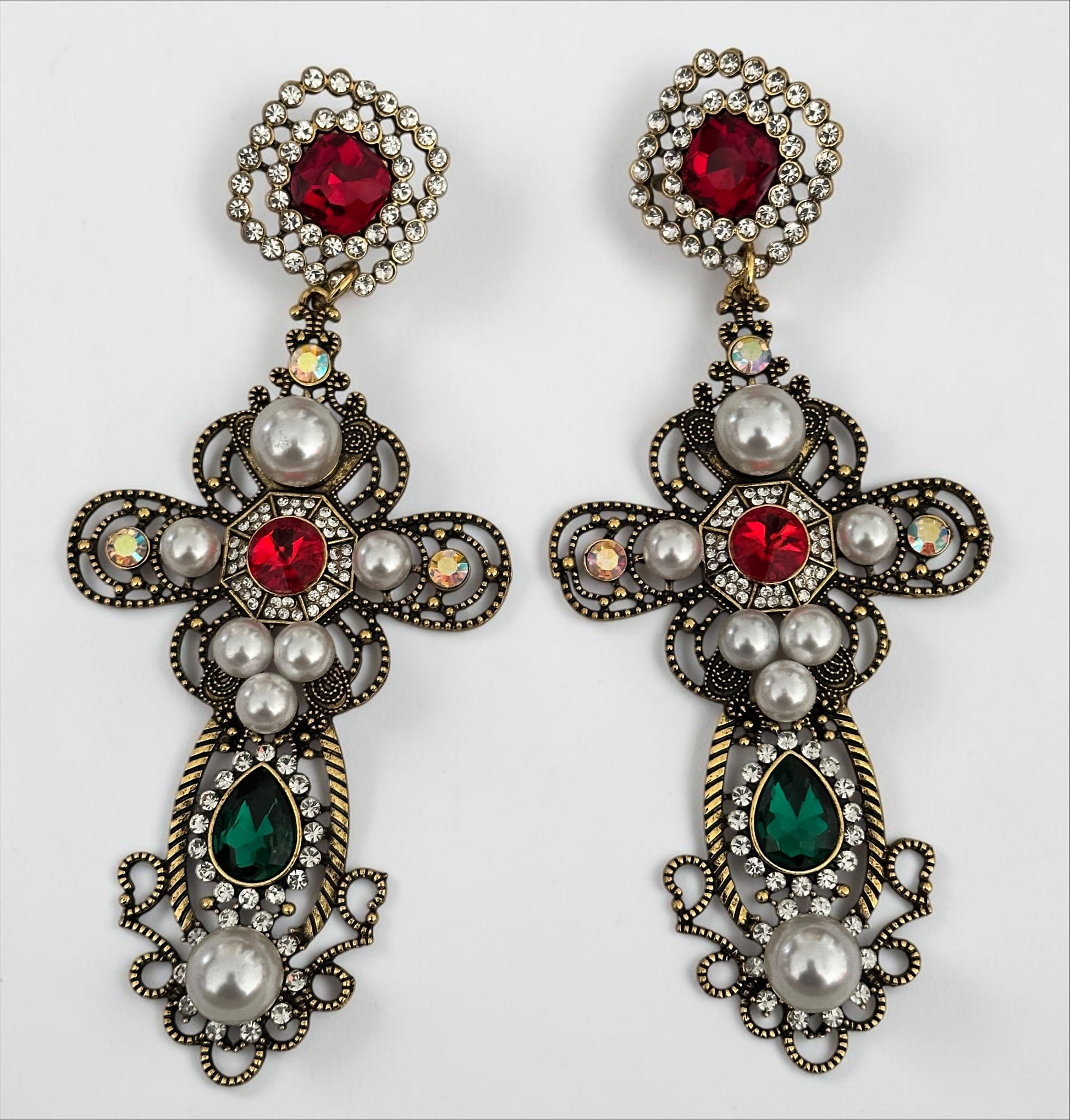 Baroque Cross Statement Earrings – Pearl & Rhinestone Drop - Fatisha Boutique #