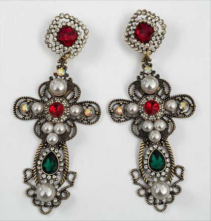 Baroque Cross Statement Earrings – Pearl & Rhinestone Drop - Fatisha Boutique #