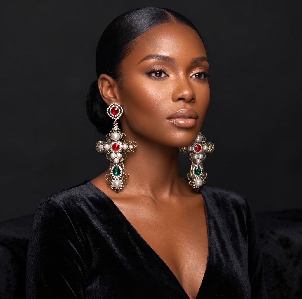 Baroque Cross Statement Earrings – Pearl & Rhinestone Drop - Fatisha Boutique #