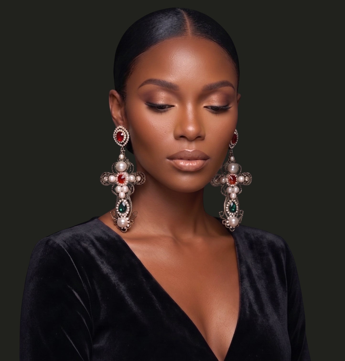 Baroque Cross Statement Earrings – Pearl & Rhinestone Drop - Fatisha Boutique #