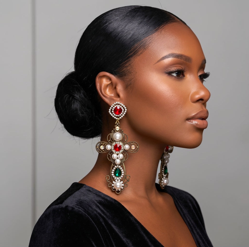 Baroque Cross Statement Earrings – Pearl & Rhinestone Drop - Fatisha Boutique #