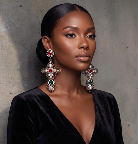 Baroque Cross Statement Earrings – Pearl & Rhinestone Drop