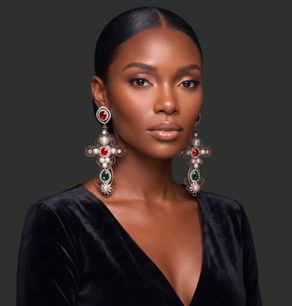 Baroque Cross Statement Earrings – Pearl & Rhinestone Drop - Fatisha Boutique #