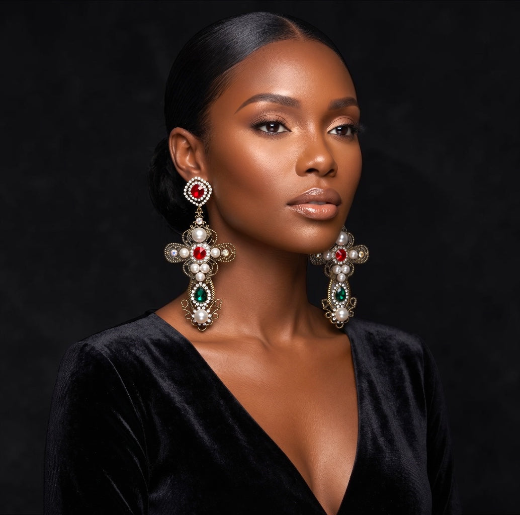 Baroque Cross Statement Earrings – Pearl & Rhinestone Drop - Fatisha Boutique #
