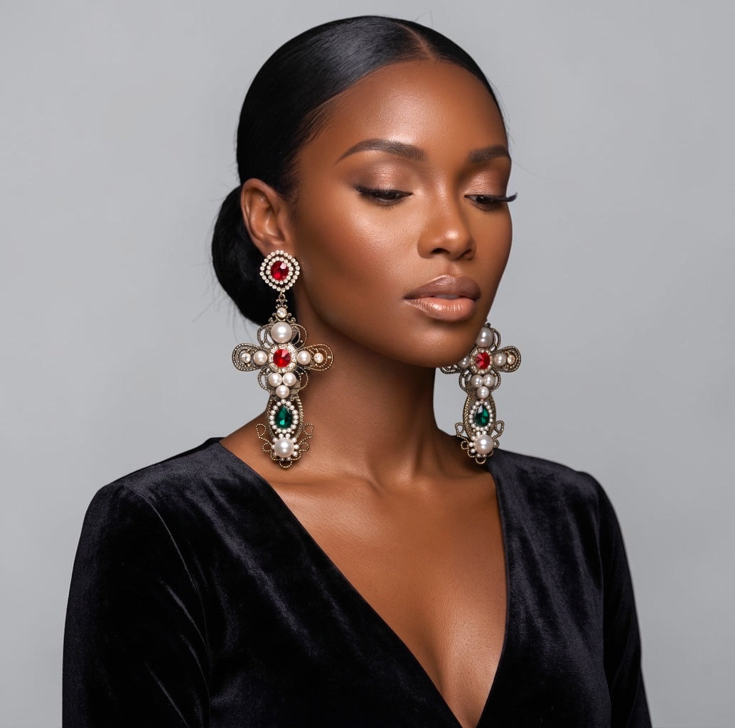 Baroque Cross Statement Earrings – Pearl & Rhinestone Drop - Fatisha Boutique #