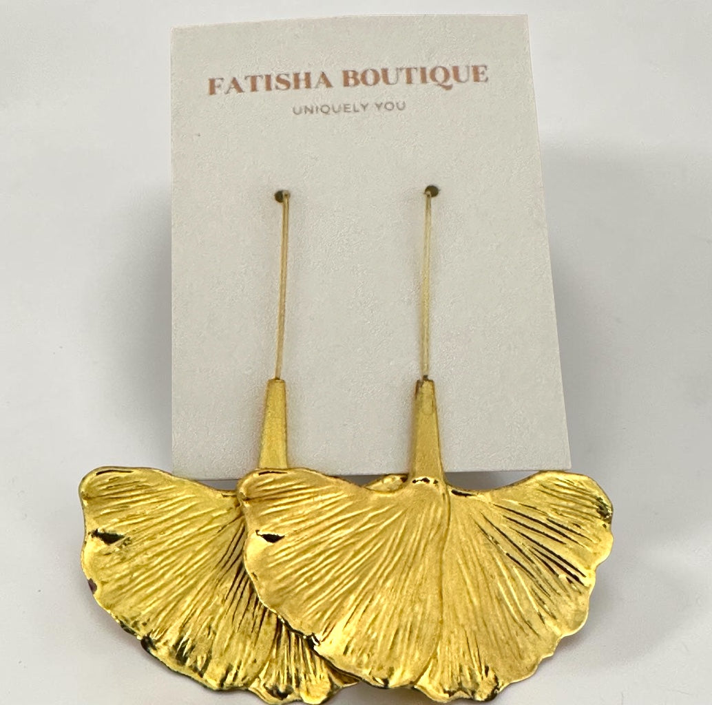 Ginkgo Leaf Statement Earrings – Gold Textured Drop Design