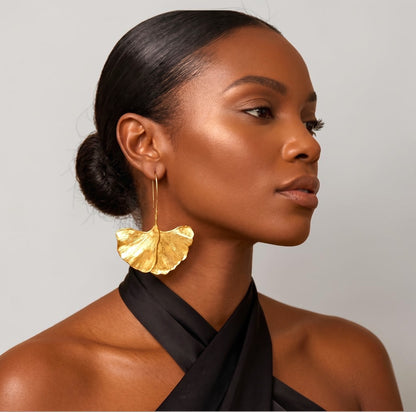 Ginkgo Leaf Statement Earrings – Gold Textured Drop Design