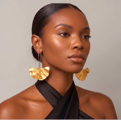 Ginkgo Leaf Statement Earrings – Gold Textured Drop Design