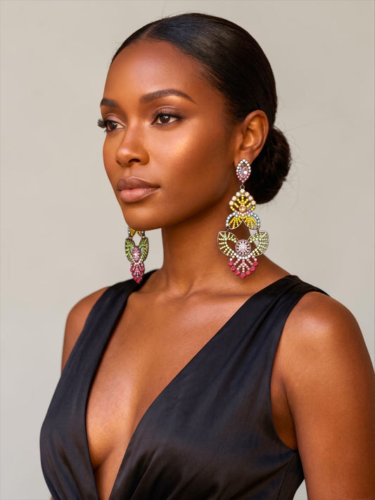 Multicolour Rhinestone Statement Earrings – Bold Crystal Drop Design - Fatisha Boutique #