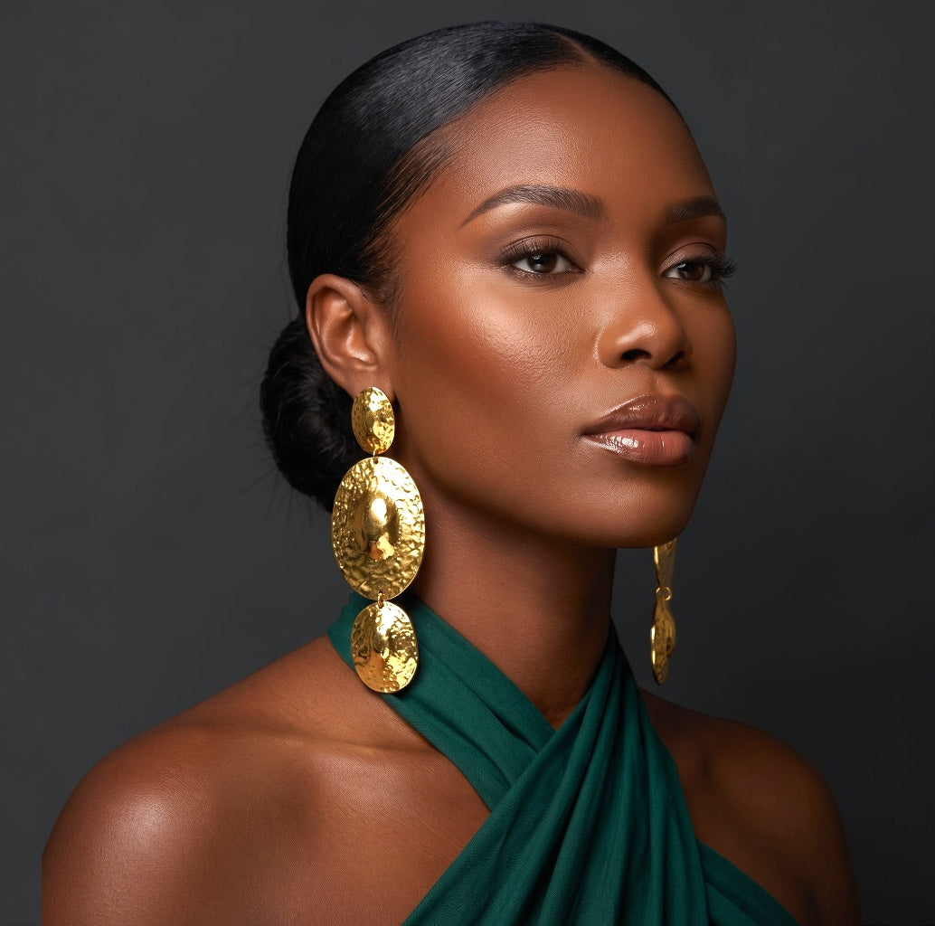 Hammered Disc Statement Earrings – Gold & Silver Textured Drop - Fatisha Boutique #