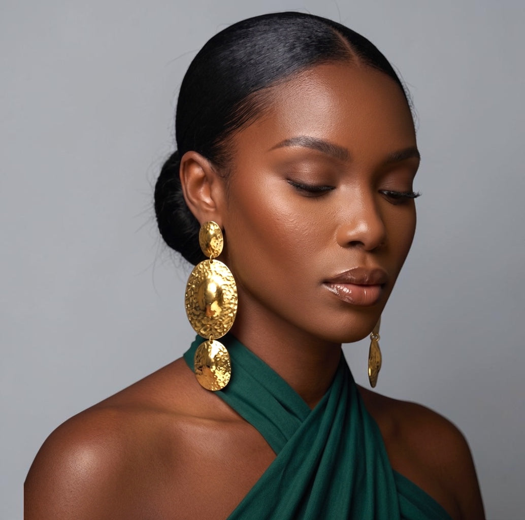 Hammered Disc Statement Earrings – Gold & Silver Textured Drop - Fatisha Boutique #