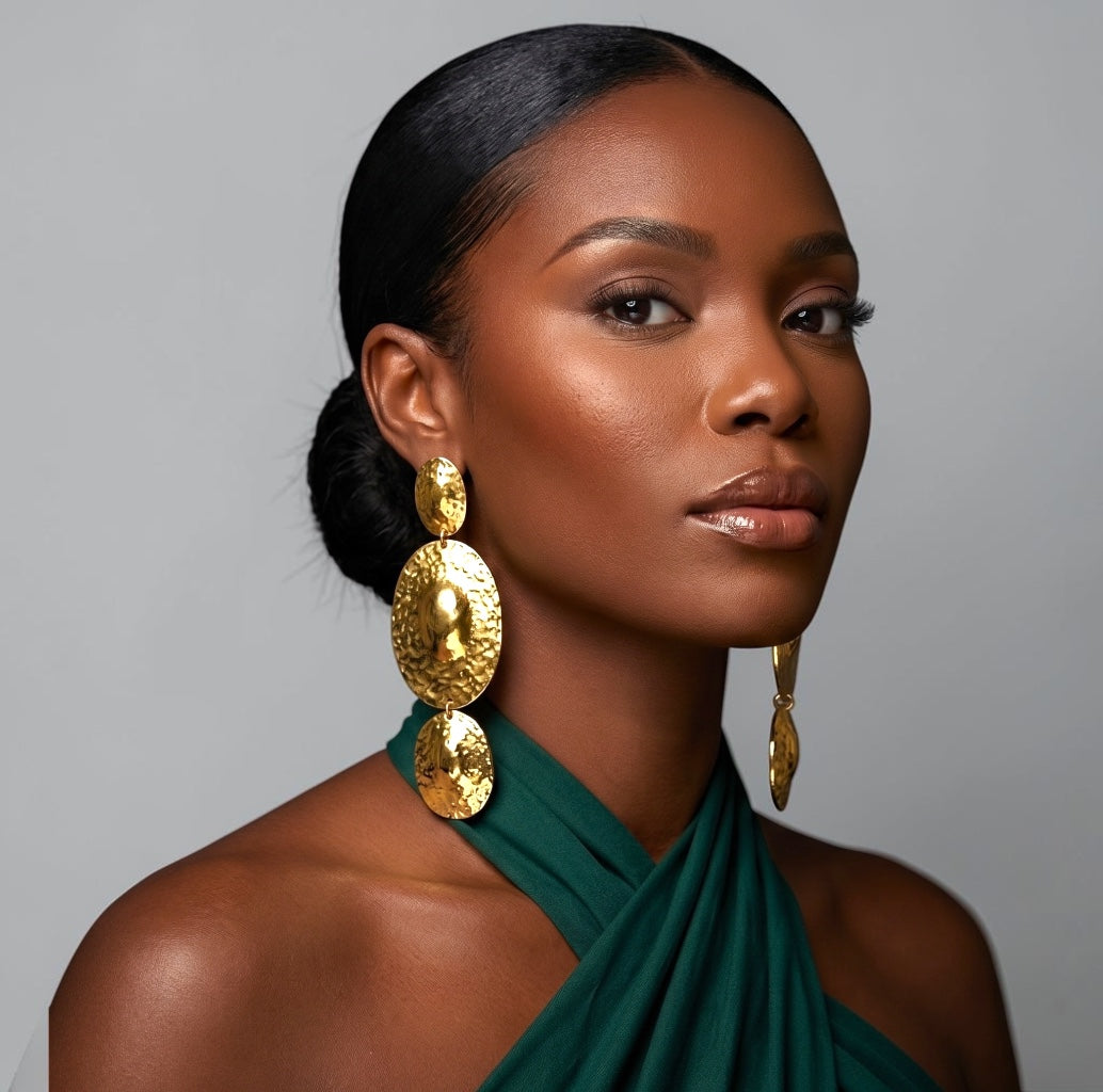 Hammered Disc Statement Earrings – Gold & Silver Textured Drop - Fatisha Boutique #
