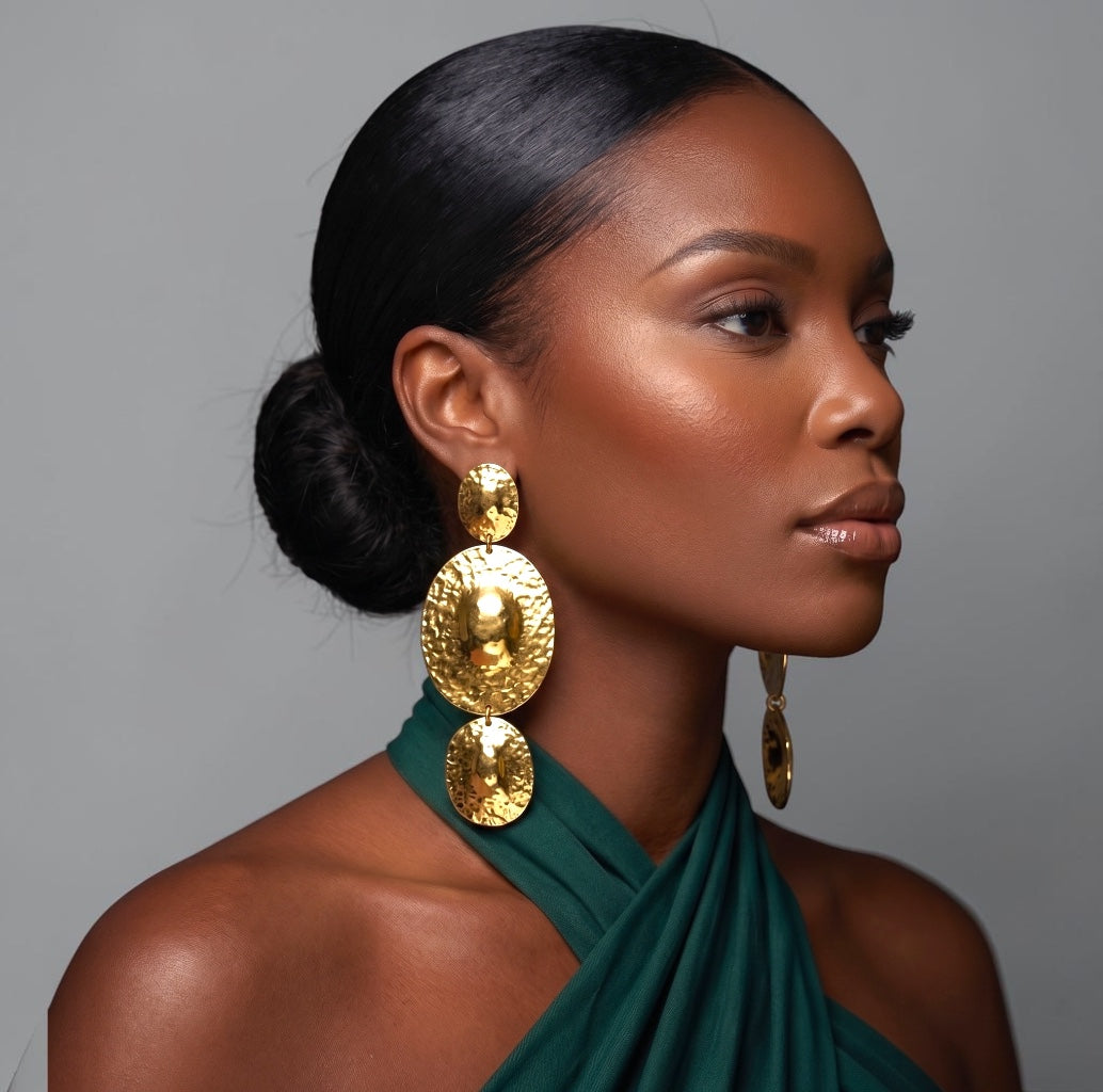 Hammered Disc Statement Earrings – Gold & Silver Textured Drop - Fatisha Boutique #