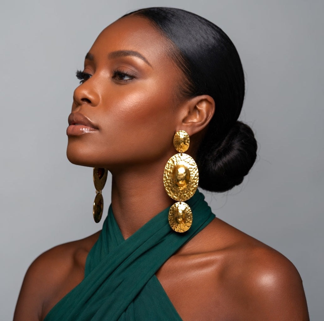 Hammered Disc Statement Earrings – Gold & Silver Textured Drop - Fatisha Boutique #