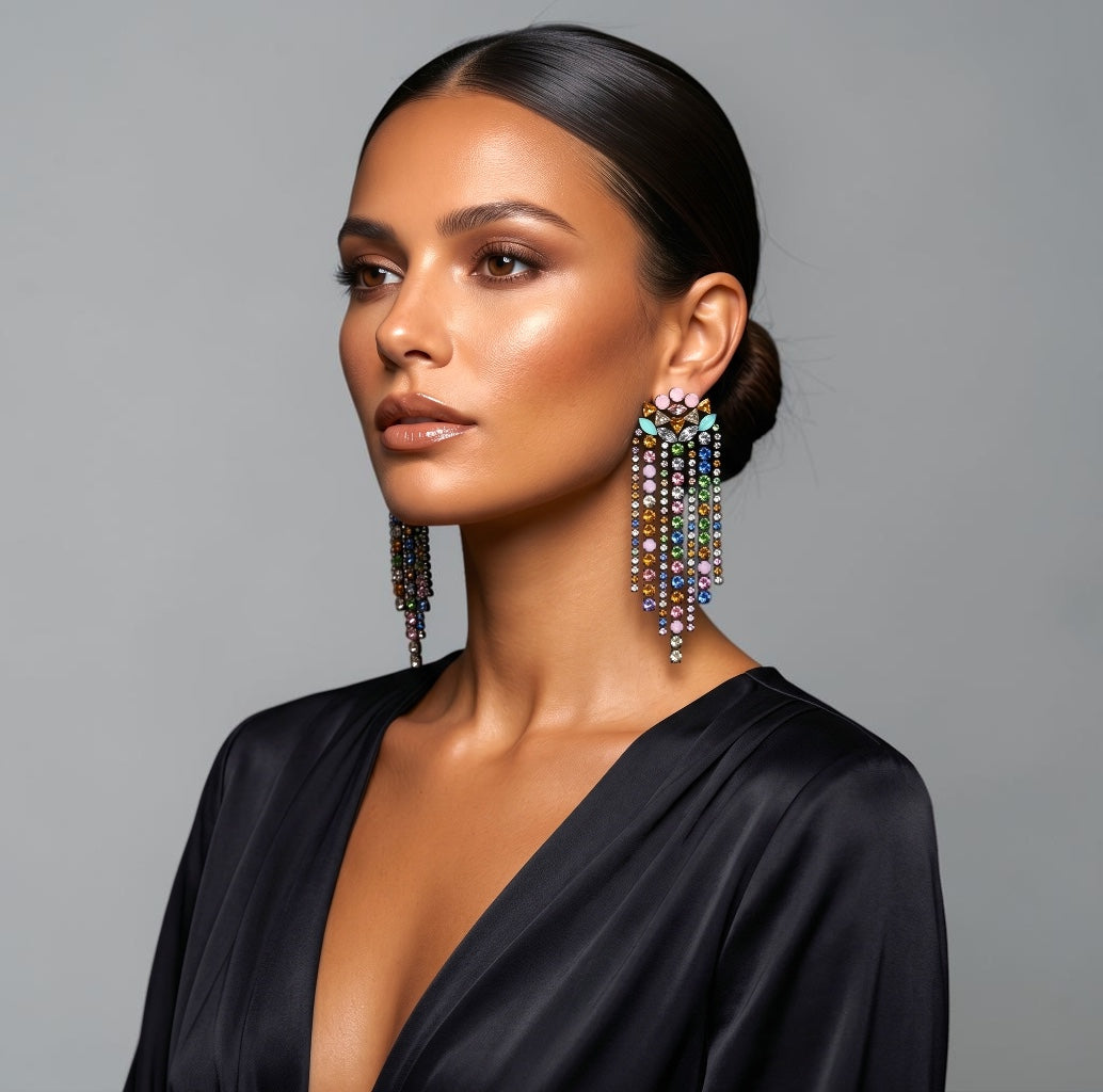 Multicolour Crystal Fringe Statement Earrings - Fatisha Boutique #