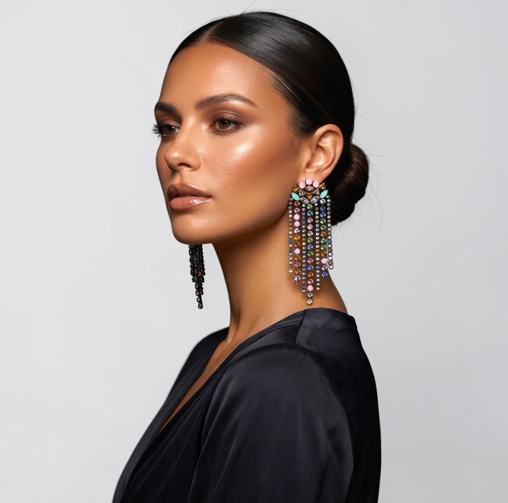Multicolour Crystal Fringe Statement Earrings - Fatisha Boutique #