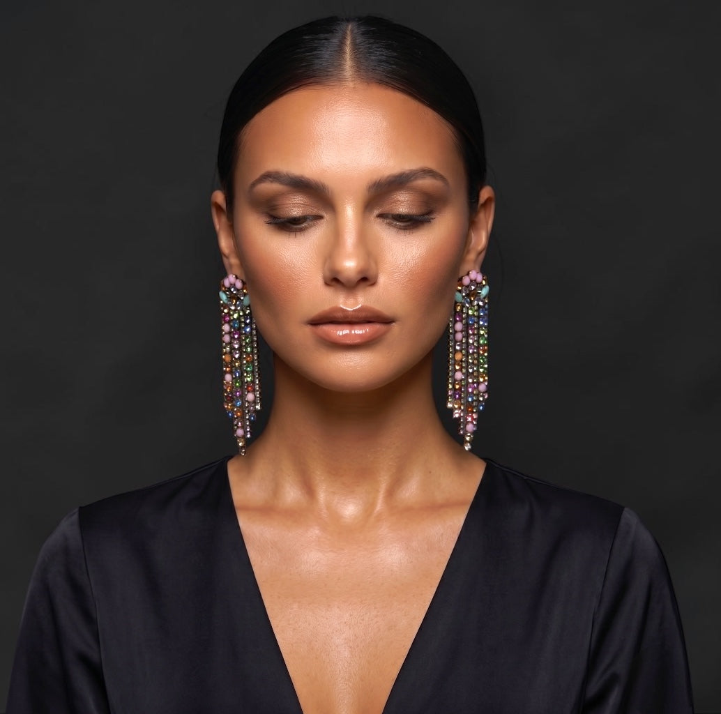 Multicolour Crystal Fringe Statement Earrings - Fatisha Boutique #