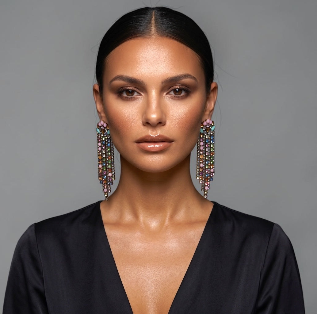 Multicolour Crystal Fringe Statement Earrings - Fatisha Boutique #